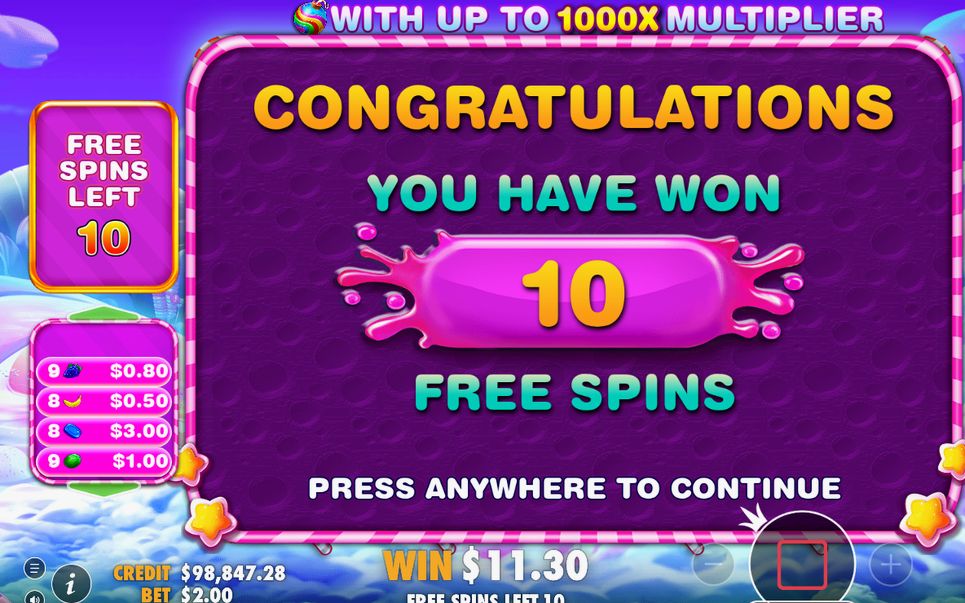 Free Spins-rutnätet där bomberna visar värden från 2x till 1000x
